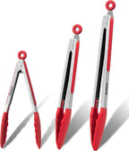 Anaeat Non-Stick Silicone Locking Tong Set of 3 - Stainless Steel 7", 9" and 12" Kitchen Food Tongs with Non-Slip Silicone Tips and Grip for Cooking, Baking and BBQ - Heat Resistant up to 480°F (Red)