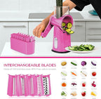 SUSTEAS Rotary Cheese Grater with Handle - Vegetable Shredder with 5 Well-designed Blades & Strong Suction Base,Round Mandoline Slicer & Food Chopper for Kitchen,with Blade Storage Box(Pink)