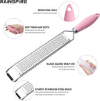 Rainspire Zester Grater with Handle, Lemon Zester Cheese Grater for Kitchen Stainless Steel, Parmesan Cheese Garlic Nutmeg Chocolate Fruits Vegetables Ginger Grater, Fine (Pink)