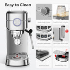 20 Bar Espresso Machine, Compact Espresso Coffee Maker with Milk Frother for Latte/Cappuccino, Auto Clean/40.5oz Removable Tank/Auto Shut-Off, Espresso Maker for Home/Office, Stainless Steel