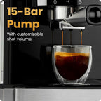 Chefman CraftBrew Espresso Machine, 15-Bar Pump Digital Espresso Maker w/Steam Wand for Latte & Cappuccino, Compact Espresso Coffee Machine w/ 1.5L Removable Water Reservoir - Stainless Steel