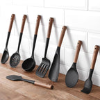 Set of 2pc Silicone Cooking Utensils: Wooden Handle Cooking & Serving Spoon+ Multi-Purpose Cooking Spoon, Heat Resistant Cooking Utensil, BPA Free, Safe Material for All Cooking Surfaces