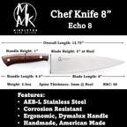 Middleton Made Knives Echo 8 Inch Chef Knife - Handmade Professional Chef Knife - Chefs Knife Made with AEB-L Stainless Steel - USA Made Knife - Great Chef Gifts - Pearl