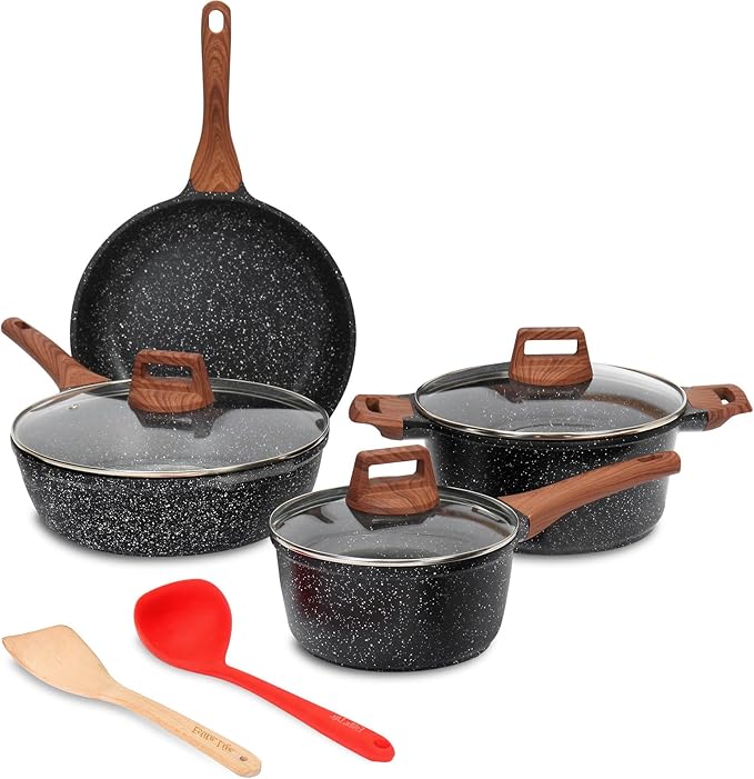 ESLITE LIFE Nonstick Cookware Sets, 9 Pcs Granite Coating Pots and Pans Set Kitchen Cooking Set, Compatible with All Stovetops (Gas, Electric & Induction), PFOA Free, Black