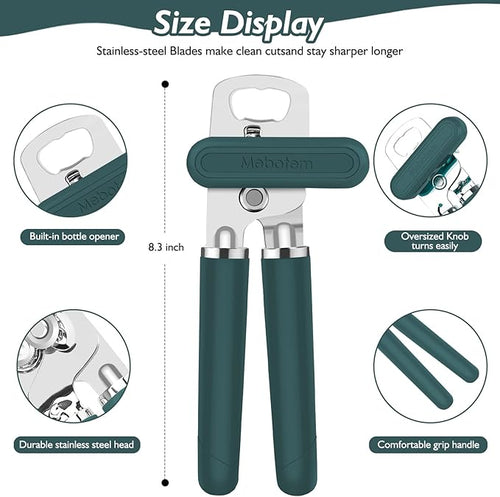 10 Colors Can Opener Manual Handheld Heavy Duty Hand Can Opener Smooth Edge Stainless Steel Can Openers Top Lid Kitchen Gadgets, Best Large Rated Easy Turn Knob, with Bottle Opener, Emerald
