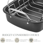 KITESSENSU Nonstick Turkey Roasting Pan with Rack 17 x 14 inch - Large Chicken Roaster Pan for Oven - Wider Handles & Heavy Duty Construction - Suitable for 24lb Turkey, Gray
