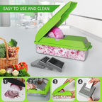 LHS Multifunctional Vegetables Chopper with Container, Manual Processor Cutter, Pro Onion Cutter, Vegetable Slicer Dicer Cutter with 3 Blades, Veggie Salp Chopper(6-in-1,Green)