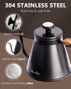 Harriet Gooseneck Kettle with Thermometer for Pour Over Coffee and Tea, 37 fl oz, Stainless Steel, Durable 3-Layer Base, Ideal Spout for Precision Pouring, Compatible with all Stove Tops, Black
