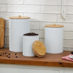 Kitchen Canister Set of 3 Tea Coffee Sugar Containers with Airtight Bamboo Lids Food Flour Storage for Countertop Metal White Vertical Stripe Pattern Embossed Farmhouse Decor