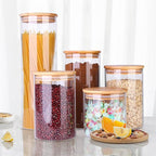 Glass Food Storage Jars, Food Containers with Airtight Bamboo Lids for Pasta, Cookies, Nuts, Coffee Beans, Cereal, Glass Canisters for Kitchen, Pantry Organization,Set of 5