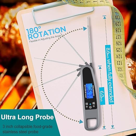 Instant Read Meat Thermometer for Kitchen Cooking, Ultra Fast Precise Waterproof Digital Food Thermometer with Backlight, Magnet and Foldable Probe for Deep Fry, Outdoor BBQ, Grill(Grey)