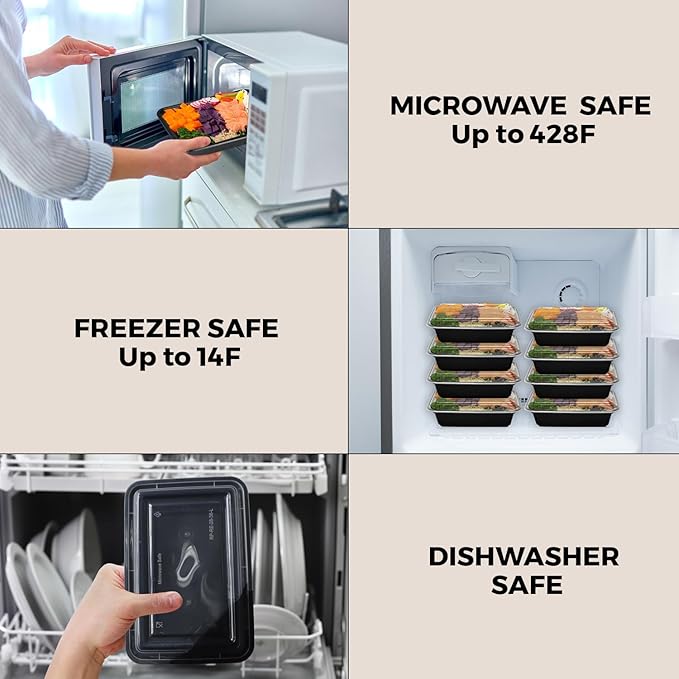 Klex 16 Oz, 150 Sets Meal Prep Containers with Airtight Lids, BPA Free, Reusable Plastic Food Container, 16 oz, Rectangular, Black/Clear, 150 Sets