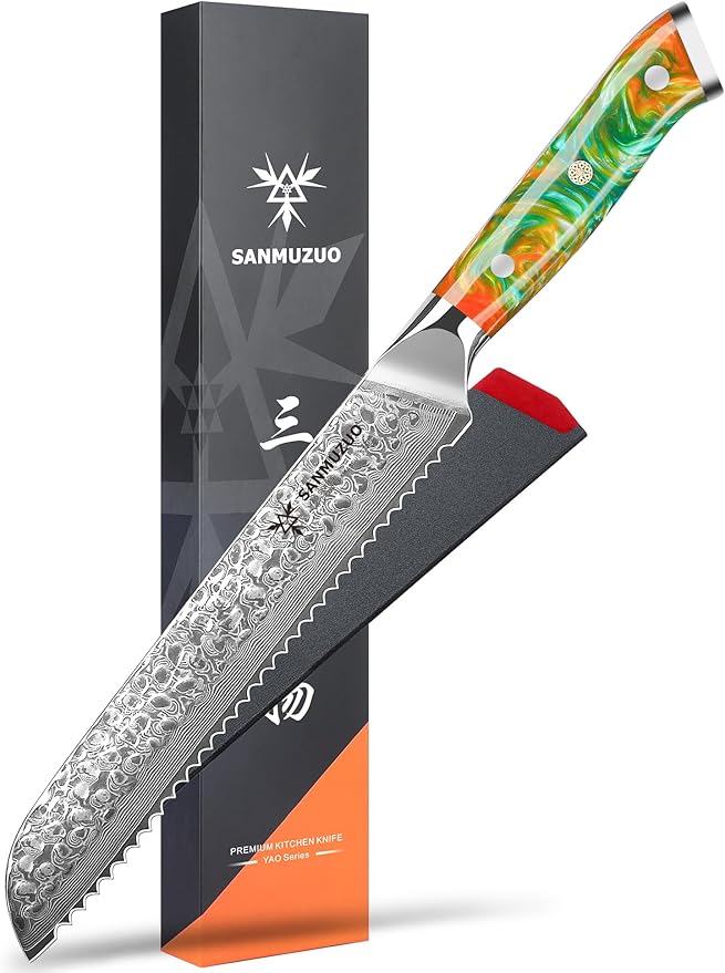 8" Bread Knife Serrated Blade- Hammered Damascus Steel & Resin Handle - Yao Series