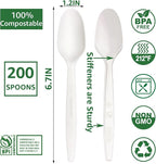 MISISIPI 200Count 100% Compostable Spoons Biodegradable Spoon HeavyDuty No Plastic Spoons Eco-friendly HeavyWeight Disposable Spoon Tableware Set for Lounge,Party,BBQ,Cafeteria,Wedding,Picnic