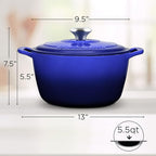 Signature Enameled Cast Iron Dutch Oven, Non-Stick Serving Pot with Tight Fitting Lid for Perfect Roasting, Baking, Sauteing, and Bread Making | 5.5Q (5.2L) - Indigo Blue