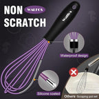 Walfos Whisk,5+7Inch Mini Whisks,Silicone Whisk Non Scratch whisk,Heat Resistant(480°F) Small whisks Suitable for stirring individual eggs and mixing small amounts of powder and sauce. Purple & Green