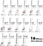 18/10 Stainless Steel Cooking Utensils Set - 16 PCS All Metal Serving Utensils, Kitchen Tools - Whisk, Masher, Fork, Tongs, Solid/Slotted Spoon, Spatula, Turner, Ladle, Skimmer, Pasta, Large Spoon Set