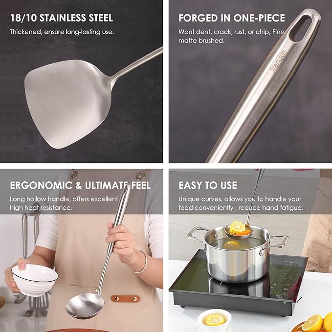 18/10 Stainless Steel Kitchen Utensils Set, 6 PCS All Metal Professional Cooking Utensils, 15" Long Kitchen Tools - Spatula, Ladle, Skimmer Spoon, Pasta Serve, Large Spoon, Slotted Spatula Tunner