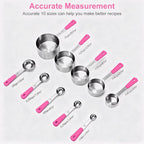 Measuring Cups and Spoons Set, Stainless Steel 10 Piece for Cooking and Baking (5 Cups + 5 Spoons, Pink Handle)