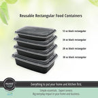 MULMEHË Plastic Food Storage Take-Out Container and Lid Combo, 38 oz, Microwaveable, Rectangular, Black, 8.5x6x2, Set of 150