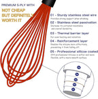 Red Silicone Whisk, Sealed Waterproof Design Set of 3, Professional Kitchen Whisks for Cooking Non-Scratch, Silicone & Stainless Steel Whisk, Heat Resistant 480°F Balloon Egg Beater