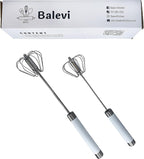 Stainless Steel Push Whisk - Easy to Use Manual Hand Mixer & Plunger Whisk - Make Froth, Foam & Whipped Cream - Semi Auto Egg Beater Plastic Tip Won’t Scratch Pans (2 Pack 10in & 12in) WHITE