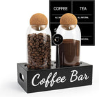 Coffee Container Set of 2 – 34oz Airtight Glass Coffee Bean Storage Jars with Wooden Lids, Metal Scoop & Wooden Base, Coffee Bar Organizer for Countertop, Tea & Sugar Canisters with Labels