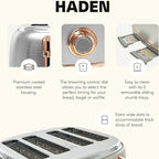 Haden Heritage 4 Slice Wide Slot Stainless Steel Toaster with Adjustable Browning Control & Non-Slip Feet, Steel & Copper