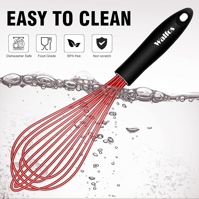 Walfos Silicone Whisks Set, 5pcs Whisk, Non Scratch Coated 7+9+11in Whisks and Mini stainless steel 7+5in Whisk, Suitable for Use in Whisking, Blending, Frothing, Beating & Stirring. (Multicolor)