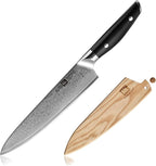 Klaus Meyer Luxor 8 Inch Chef Knife, Damascus Kitchen Knife, VG10 High Carbon Stainless Steel Japanese Chefs Knife with Wood Sheath