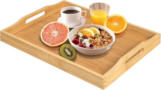 Bamboo Food Serving Tray with Handles, Breakfast Bed Tray for Tea,Snack,Dinner, Home Decorative Storage Food, Platter, Ottoman for Kitchen Counter, Bathroom, Restaurant (Beige)