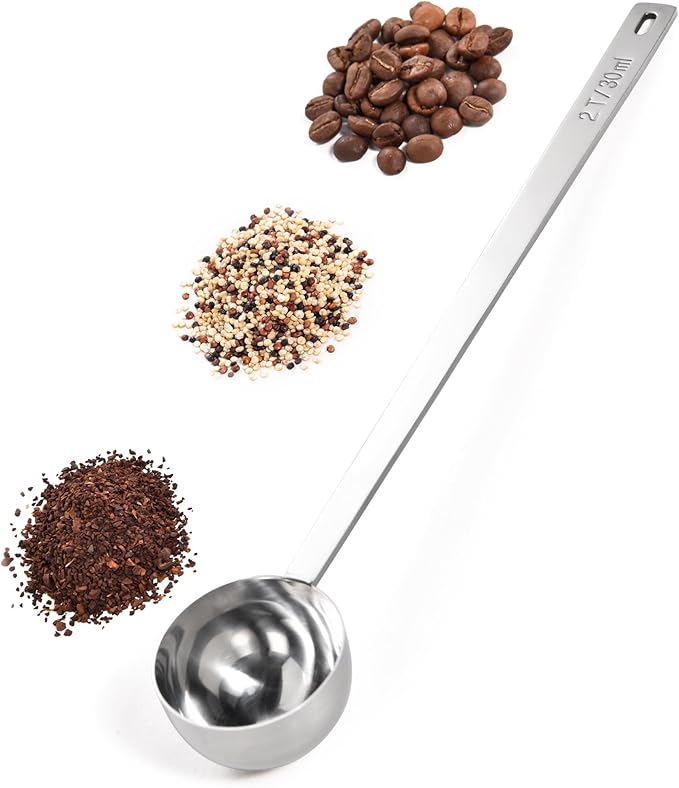 18/8 Stainless Steel Coffee Scoop, Doosu Food-Grade Metal Measuring Spoon with 8.5in Long Handle, Tablespoon Scooper for Coffee Beans, Ground Coffee, Espresso, Protein Powders, Tea, Sugar (2 Tbsp)