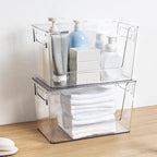 2 Pack Large Stackable Storage Bins, Plastic Container Organizer with Open Front, Pantry Organizers and Storage for Potato, Onion, Fruit and Vegetable, Clear Kitchen Laundry Organizer with Lid