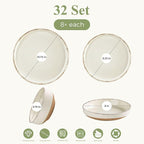 AmorArc Ceramic Dinnerware Sets with Pasta Bowls for 8, Handpainted Plates and Bowls Set with Rustic Terracotta Underside, Scratch Resistant Dishes Set, Dishwasher & Microwave Safe, 32 Pcs