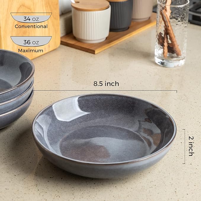 AmorArc 8.5'' Large Pasta Bowls, 36oz Stoneware Pasta Serving Bowls Set of 6 for Kitchen, Wide Bowls for Pasta,Salad,Fruit,Oatmeal, Microwave Safe, Reactive Glaze-Gray
