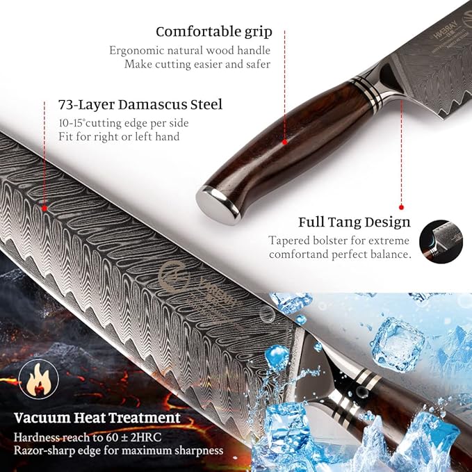 YARENH Kitchen Knife Set with Block, 8 Piece, Sharp Professional Chef Knife, 73 Layers Damascus High Carbon Stainless Steel, Full Tang Sandalwood Handle, Gift Box