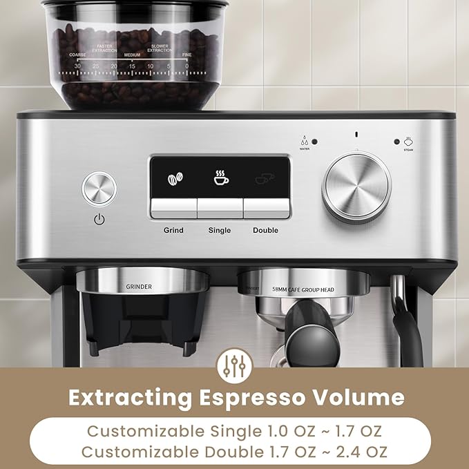 Gevi Espresso Machine with Grinder & Milk Frother, 20 Bar Professional Coffee Maker for Home, Removable Water Tank, Steam Wand, Perfect for Espresso, Cappuccino, Latte