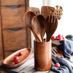 Teak Wooden Kitchen Utensil Set - 7Pcs Wooden Cooking Utensils Including Spatula
