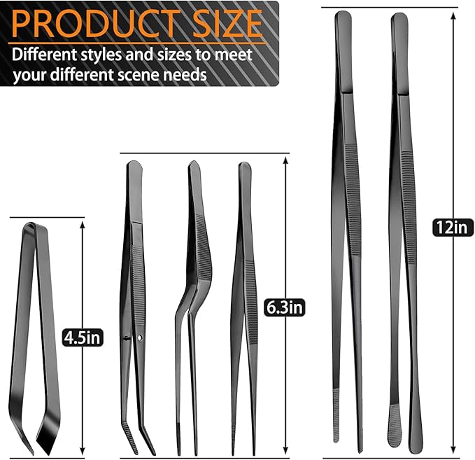 JETKONG 6 Pcs Cooking Tweezer Tongs, 12'' and 6.3" Stainless Steel Kitchen Tweezer Set, Professional Chef Tweezers for Cooking, Repairing, Sea Food, BBQ, Multi-use (Black)