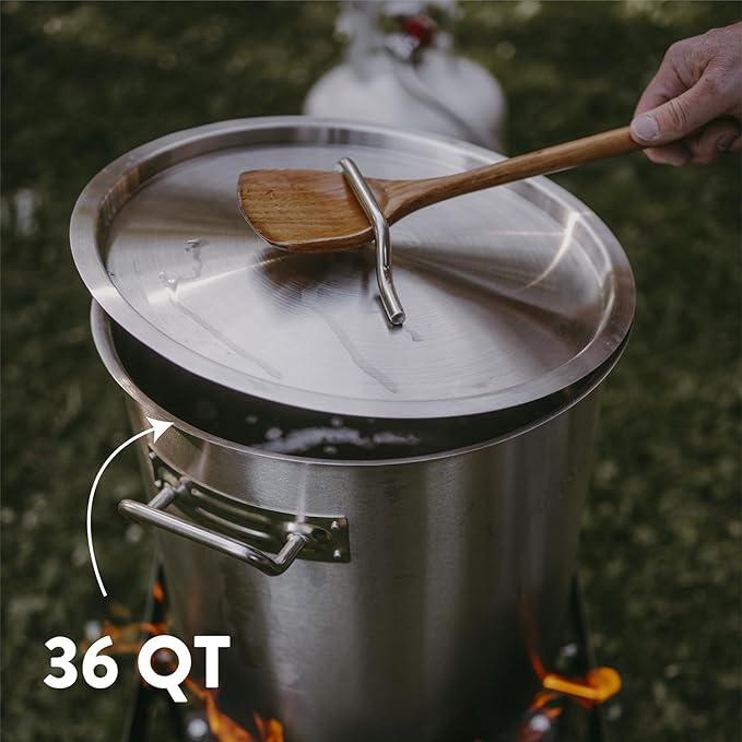 GasOne Stainless Steel Stockpot with Basket – 36qt Stock Pot with Lid and Reinforced Bottom – Heavy-Duty Cooking Pot for Deep Frying, Turkey Frying, Beer Brewing, Soup, Seafood Boil – Satin Finish