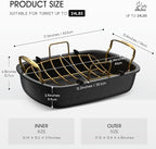 Turkey Roasting Pan, 17x13 Inch Nonstick Roaster with Removable Rack, Turkey Baster, Meat Thermometer, Turkey Brine Bags, Roaster Pan for Roasting Turkey, Meat & Vegetables (Black&Gold)