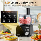 COOKLEE Food Processor, 600 Watts, 6 Functions Electric Vegetable Chopper for Chopping, Mincing, Dicing, Shredding, Slicing, Purees & Dough with 12cup Processor Bowl, Food Chute & Pusher, Black