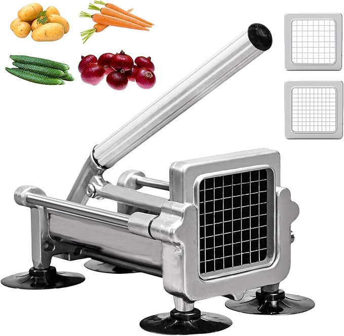 Commercial French Fry Cutter, Heavy Duty Potato Slicer with 3/8 and 1/4Inch Blade, Stainless Steel Potato ChopperFrench Fries Cutter with Suction Feet,