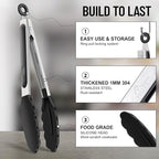 HOTEC Premium 7 & 9 Inch Kitchen Tongs, Stainless Steel Locking Cooking Tongs with Silicone Tips, Non-Scratch & Heat Resistant, Serving Tongs for Salad, BBQ, Black, Set of 2