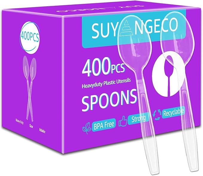 [400 Count] Clear Plastic Spoons Heavy Duty Disposable Spoon Reusable Bulk Plastic Utensils Sturdy Cutlery Set Durable Plasticware Silverware for Party,Every Day Use,Picnic,Camping,Wedding,Barbecues