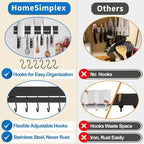 12 Inch Magnetic Knife Holder for Wall, Adhesive Knife Magnetic Strip No Drilling with 6 Hooks, Powerful Magnetic Knife Strip, Magnetic tool Holder for Kitchen Knives & Utensils (Black)
