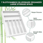 Bellsal White Utensil Organizer 12.5 Inch Silverware Tray for Drawer Utensil Holder Cutlery Organizer Kitchen Drawer Organizer 7 Compartment Small Narrow Bamboo