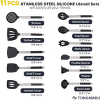Large Silicone Kitchen Cooking Utensils Set, 11 pcs Cooking Utensils, Kitchen Tools Gadgets for Nonstick Cookware, Spatula, Turner, Masher, Ladle, Strainer, Server, BPA FREE, Dishwasher Safe (Black)