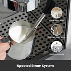 Gemilai Owl Espresso Machine, 15 Bar Professional Semi-Automatic Espresso Maker with Milk Frother Steam Wand & 57oz Removable Water Tank, Dual Display, for Cappuccino, Latte, G3006, Stainless Steel