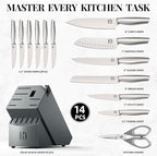 Knife Set, 14 Pcs Premium Japanese High Carbon Stainless Steel Kitchen Knife Set, Razor Sharp Knife Block Set with Built-in Sharpener, Quality Acacia Wood Block Knife Sets Ergonomic Handle